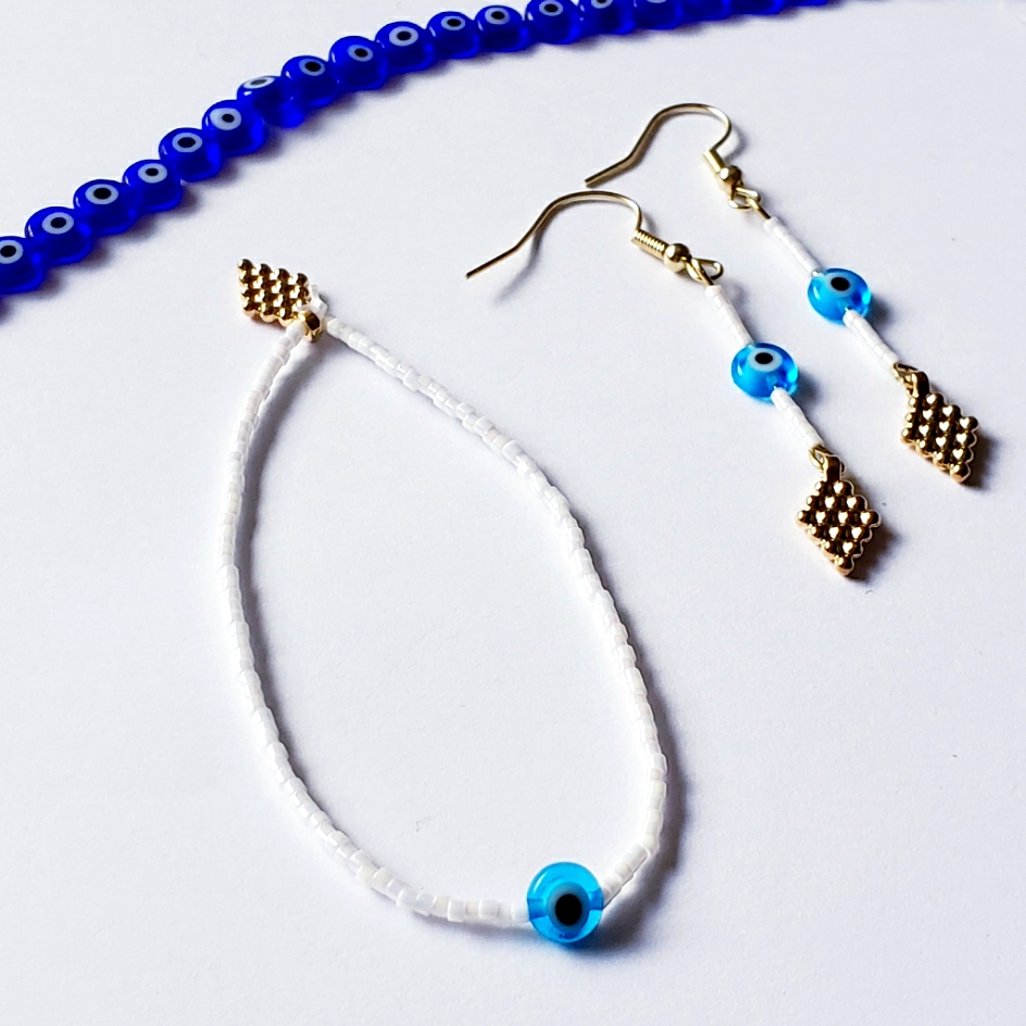 () Handcrafted Evil Eye Mal Ojo Bracelet And Earring Set Bracelet Stretches